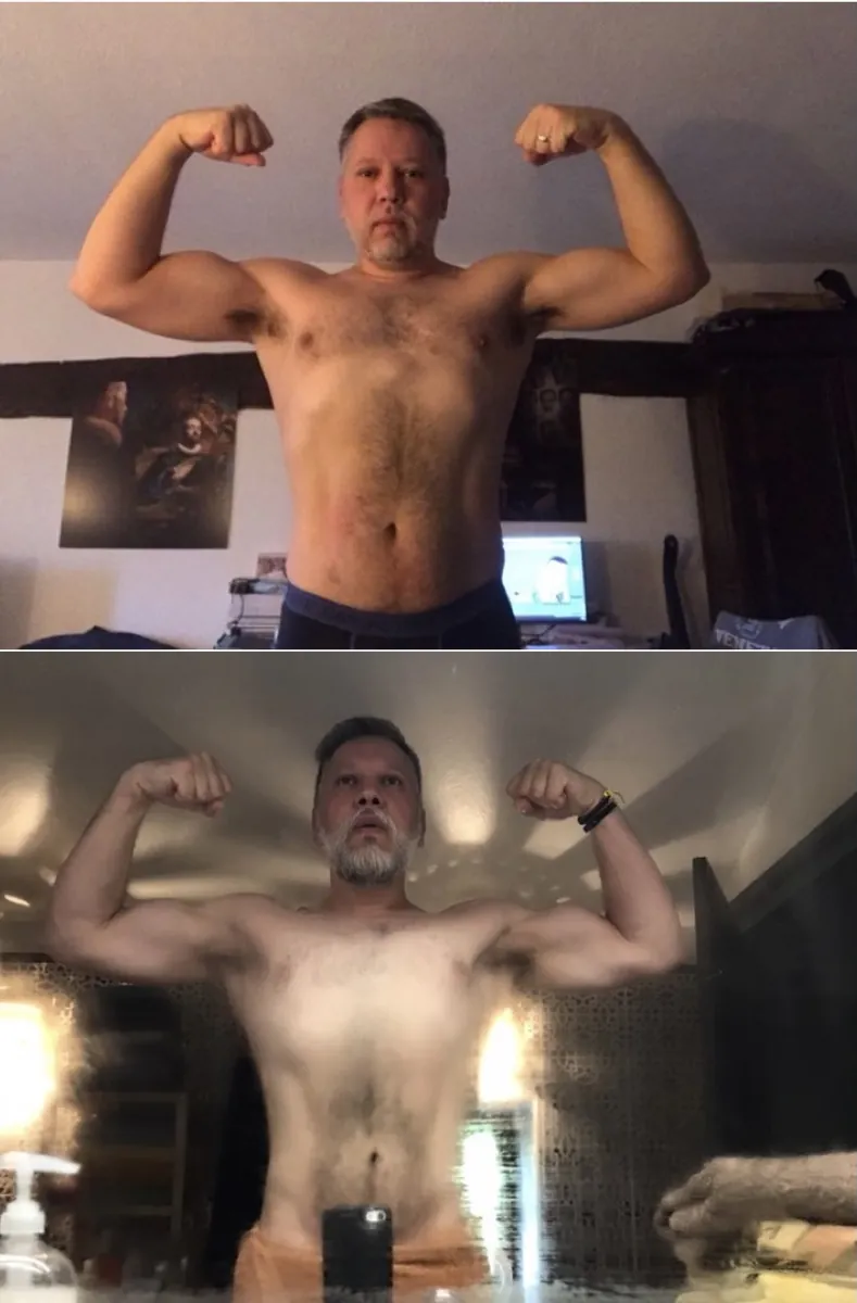 Antes y después de un cliente, doble bíceps